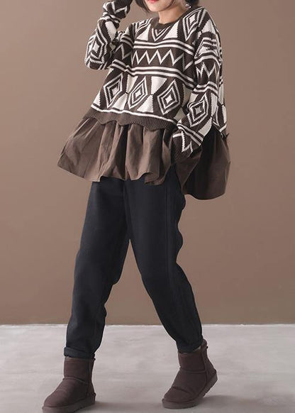 Comfy Brown Sweater Blouse Patchwork Geometry Knit Tops