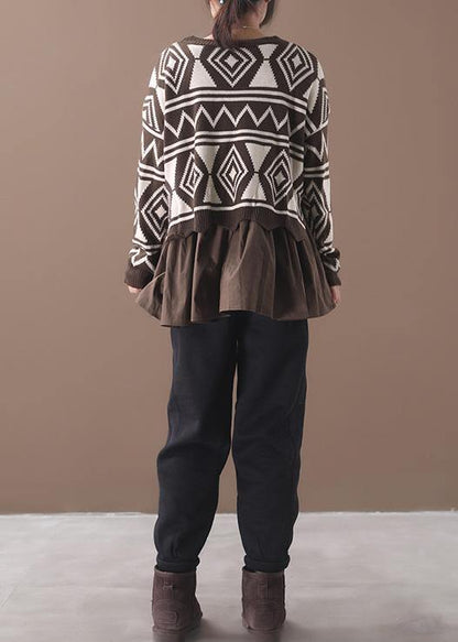 Comfy Brown Sweater Blouse Patchwork Geometry Knit Tops