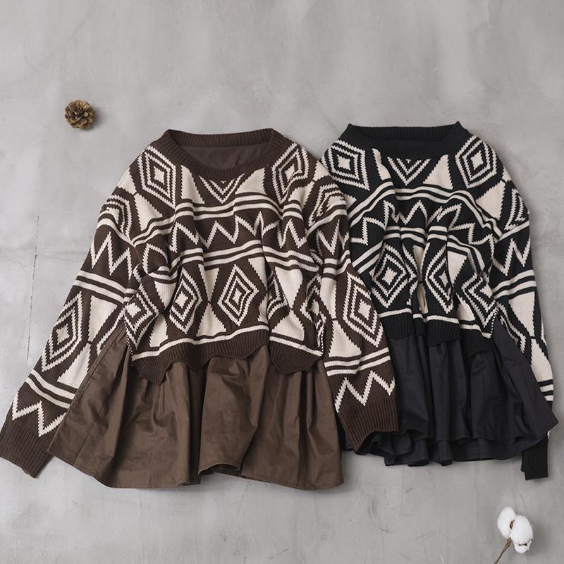Comfy Brown Sweater Blouse Patchwork Geometry Knit Tops