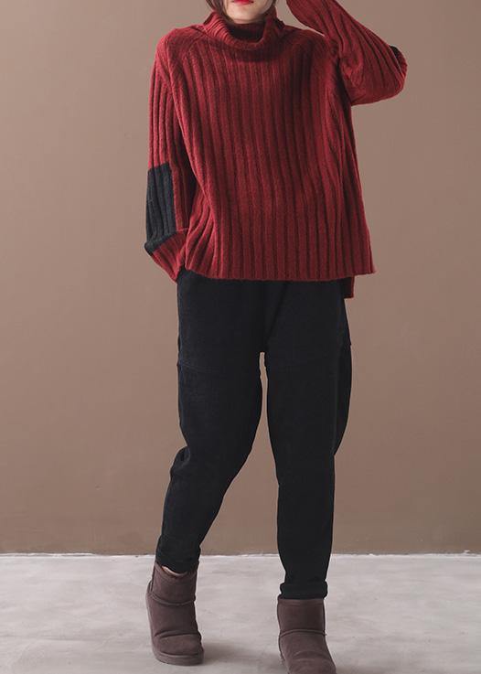 Comfy Burgundy Knit Blouse Patchwork Sleeve High Neck Knit Tops