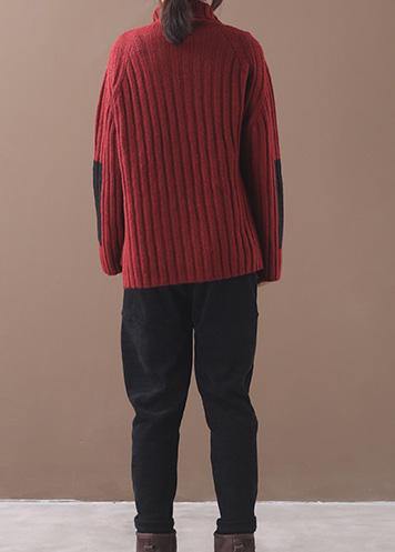 Comfy Burgundy Knit Blouse Patchwork Sleeve High Neck Knit Tops
