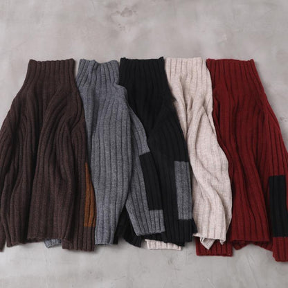 Comfy Burgundy Knit Blouse Patchwork Sleeve High Neck Knit Tops