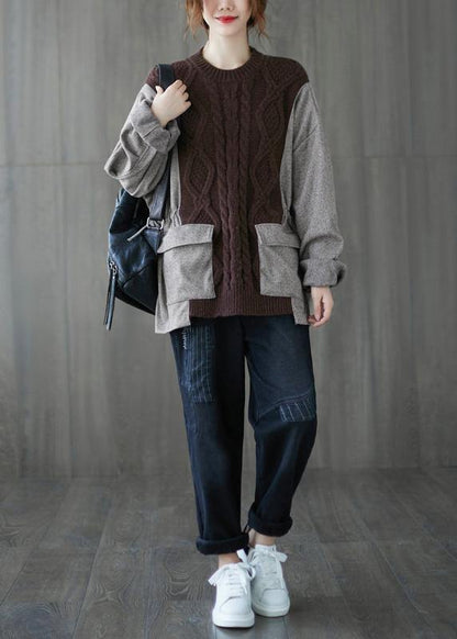 Comfy Fall Chocolate Knitted Blouse O Neck Patchwork Knitted T Shirt