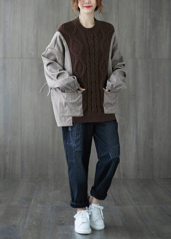 Comfy Fall Chocolate Knitted Blouse O Neck Patchwork Knitted T Shirt