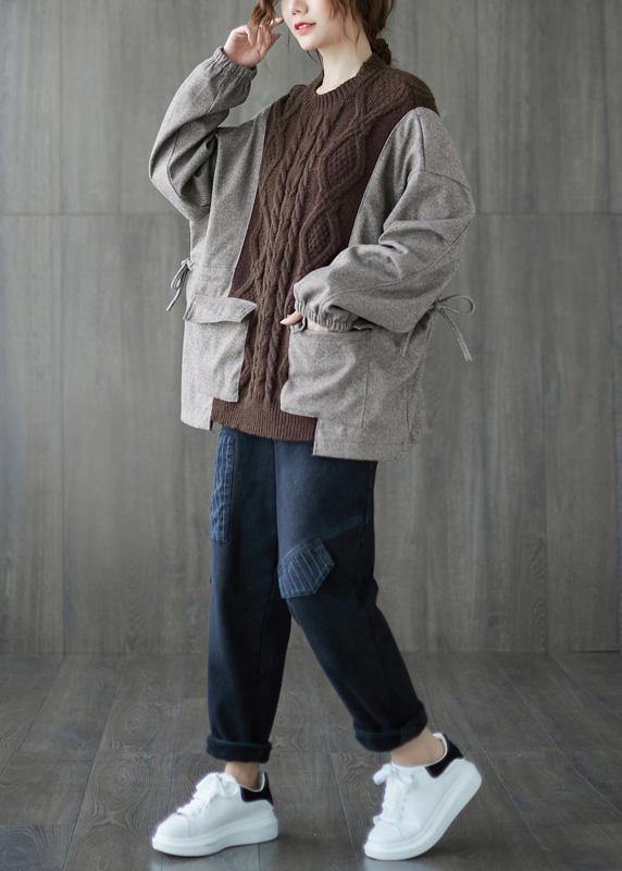 Comfy Fall Chocolate Knitted Blouse O Neck Patchwork Knitted T Shirt