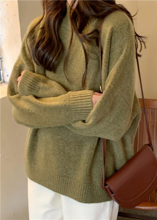 Comfy Fall Green Knit Sweat Tops High Neck Knit Blouse