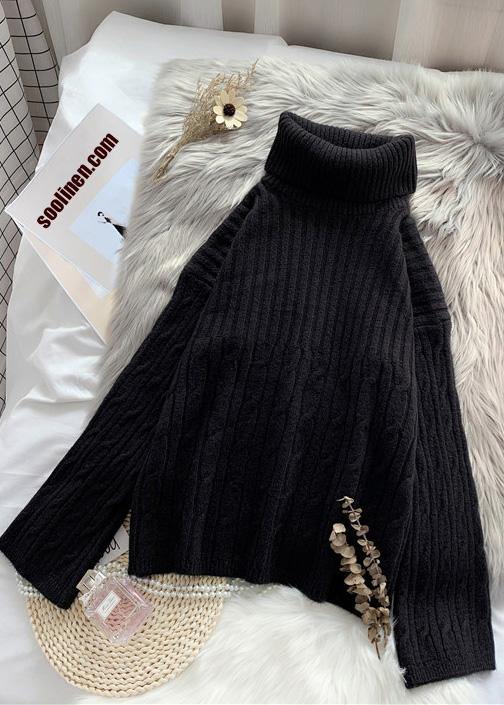 Comfy High Neck Color Knitted Blouse Loose Fitting Thick Knit Blouse