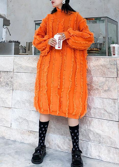 Comfy High Neck Tassel Sweater Fall Weather Upcycle Orange Baggy Knitwear
