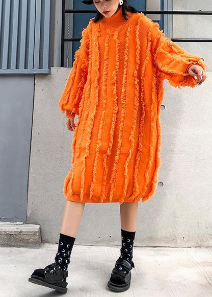 Comfy High Neck Tassel Sweater Fall Weather Upcycle Orange Baggy Knitwear