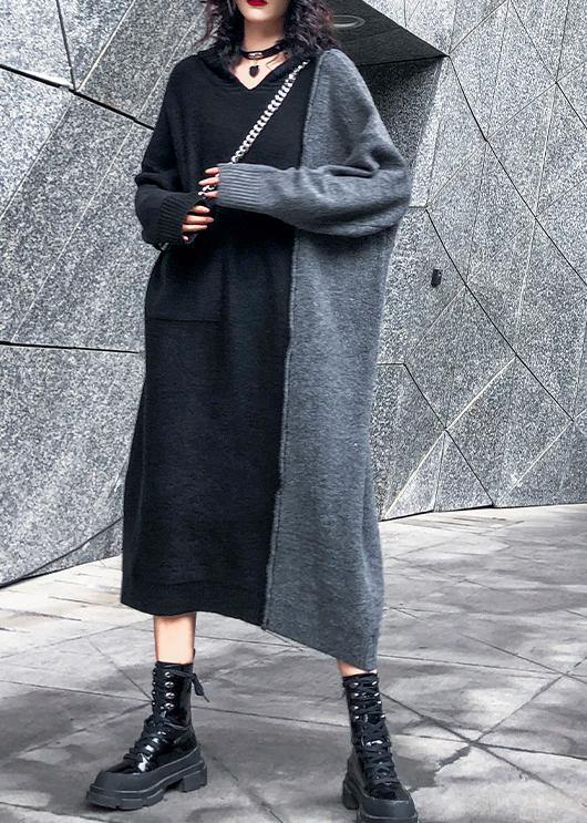 Comfy Hooded Patchwork Sweater Outfits Largo Black Sweater Dresses