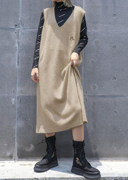 Comfy Khaki Sweater Knit Top Pattern Sleeveless Big Fall Knit Dress