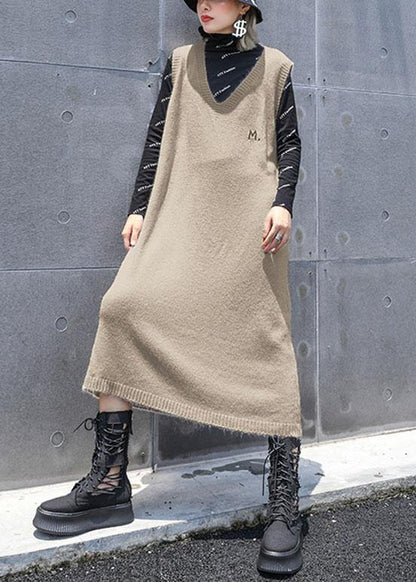 Comfy Khaki Sweater Knit Top Pattern Sleeveless Big Fall Knit Dress
