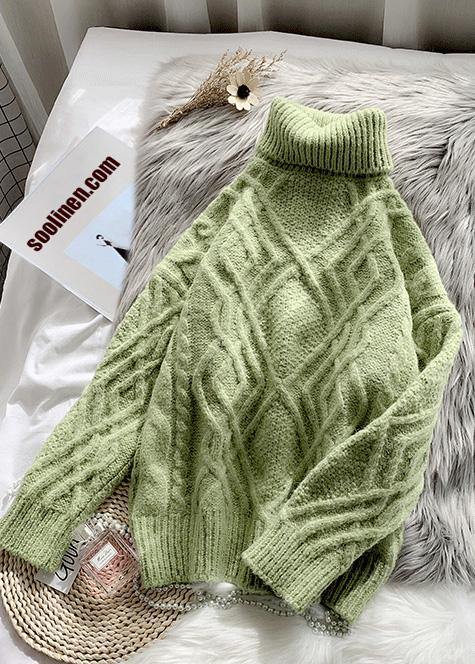 Comfy Light Green Sweater Tops Chunky Clothing High Neck Sweaters