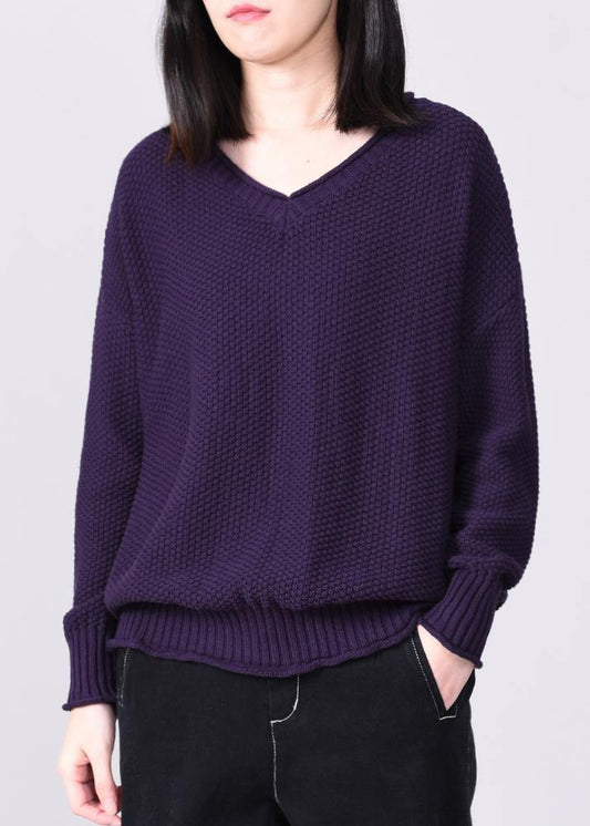 Comfy Long Sleeve Sweater Loose Fitting Purple Knit Tops V Neck