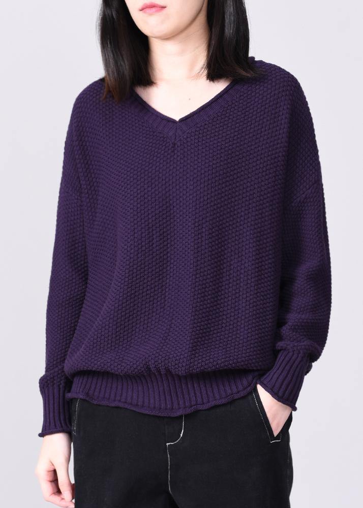 Comfy Long Sleeve Sweater Loose Fitting Purple Knit Tops V Neck