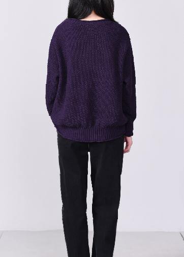 Comfy Long Sleeve Sweater Loose Fitting Purple Knit Tops V Neck