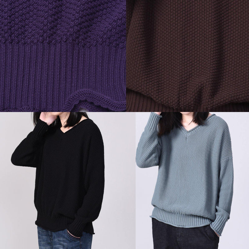 Comfy Long Sleeve Sweater Loose Fitting Purple Knit Tops V Neck