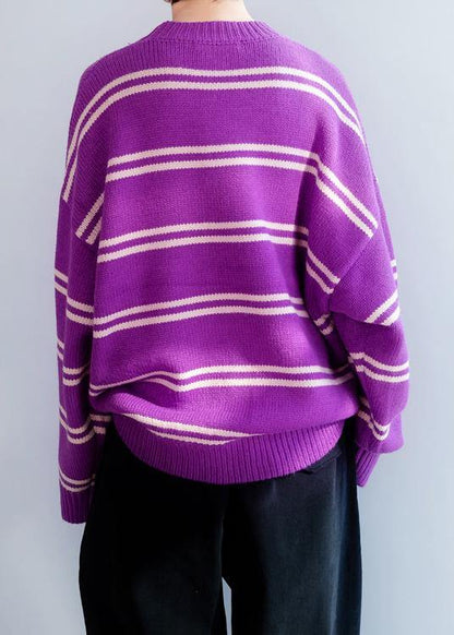 Comfy O Neck Purple Striped Knitwear Loose Fitting Thick Sweater Blouse