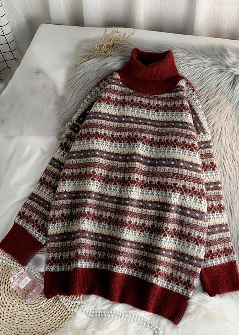 Comfy Red Clothes Striped Plussize High Neck Knitwear