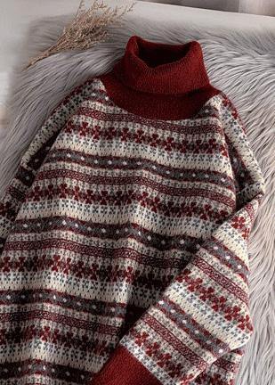Comfy Red Clothes Striped Plussize High Neck Knitwear