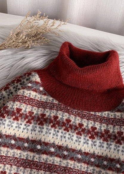 Comfy Red Clothes Striped Plussize High Neck Knitwear