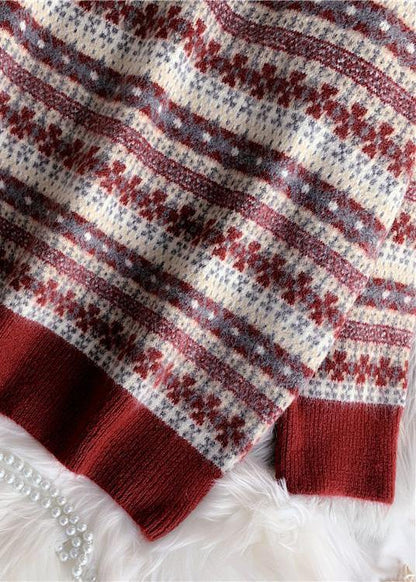 Comfy Red Clothes Striped Plussize High Neck Knitwear
