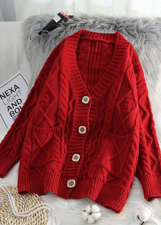 Comfy Red Knit Jacket Oversized Spring Two Pockets Knitwear