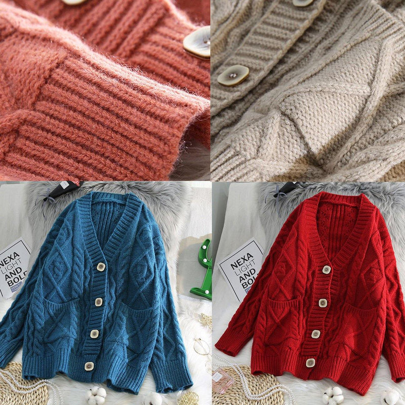 Comfy Red Knit Jacket Oversized Spring Two Pockets Knitwear