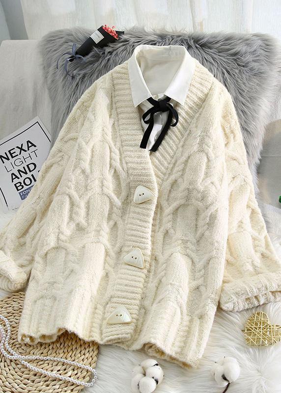 Comfy Spring Knitwear Beige V Neck Button Sweater Coat