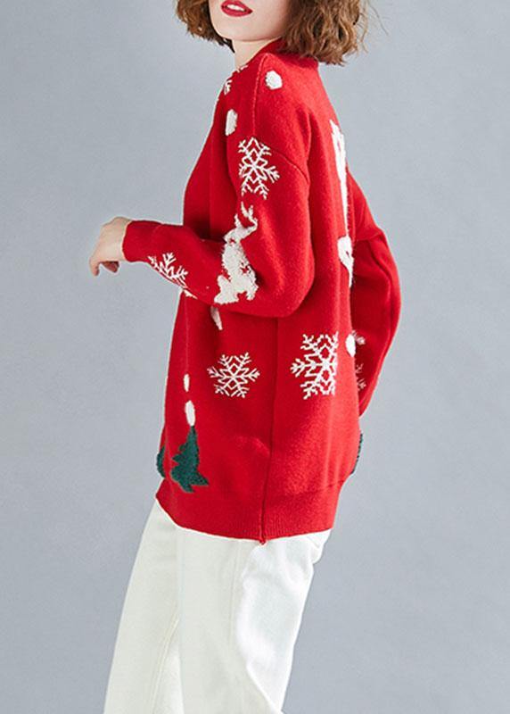 Comfy Spring Red Embroidery Knit Tops O Neck Sweater Tops