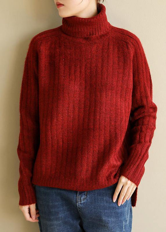 Comfy Spring Red Knit Tops Fall High Neck Knit Blouse