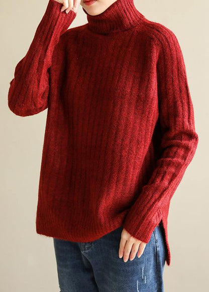Comfy Spring Red Knit Tops Fall High Neck Knit Blouse