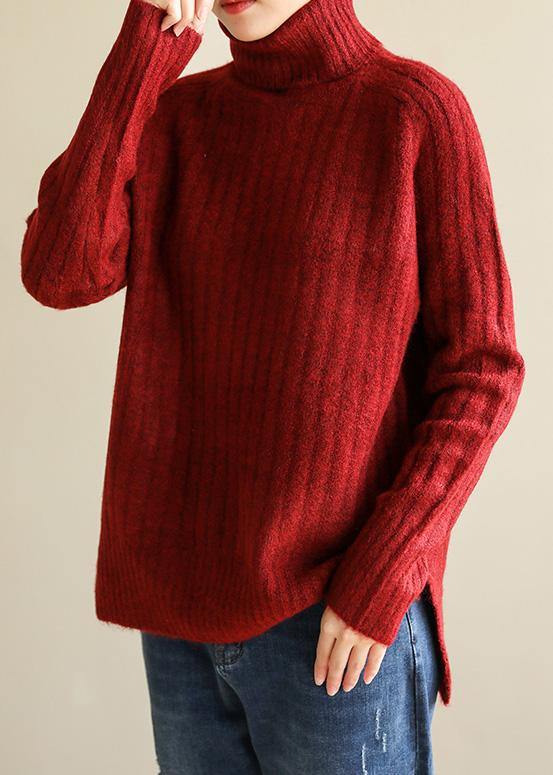 Comfy Spring Red Knit Tops Fall High Neck Knit Blouse