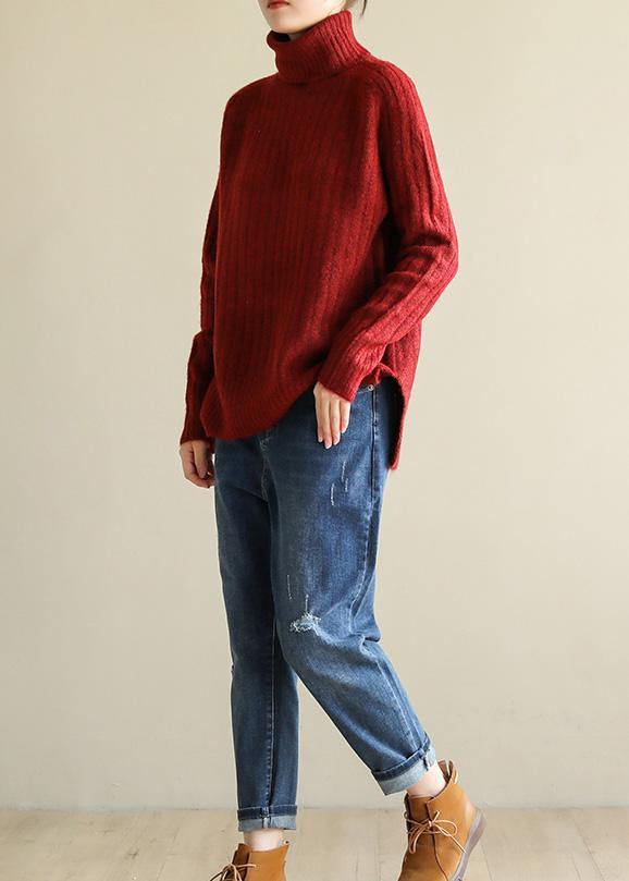 Comfy Spring Red Knit Tops Fall High Neck Knit Blouse