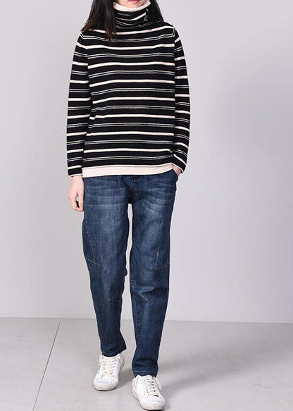 Comfy Striped Knitted Tops Oversize High Neck Sweater Black Autumn