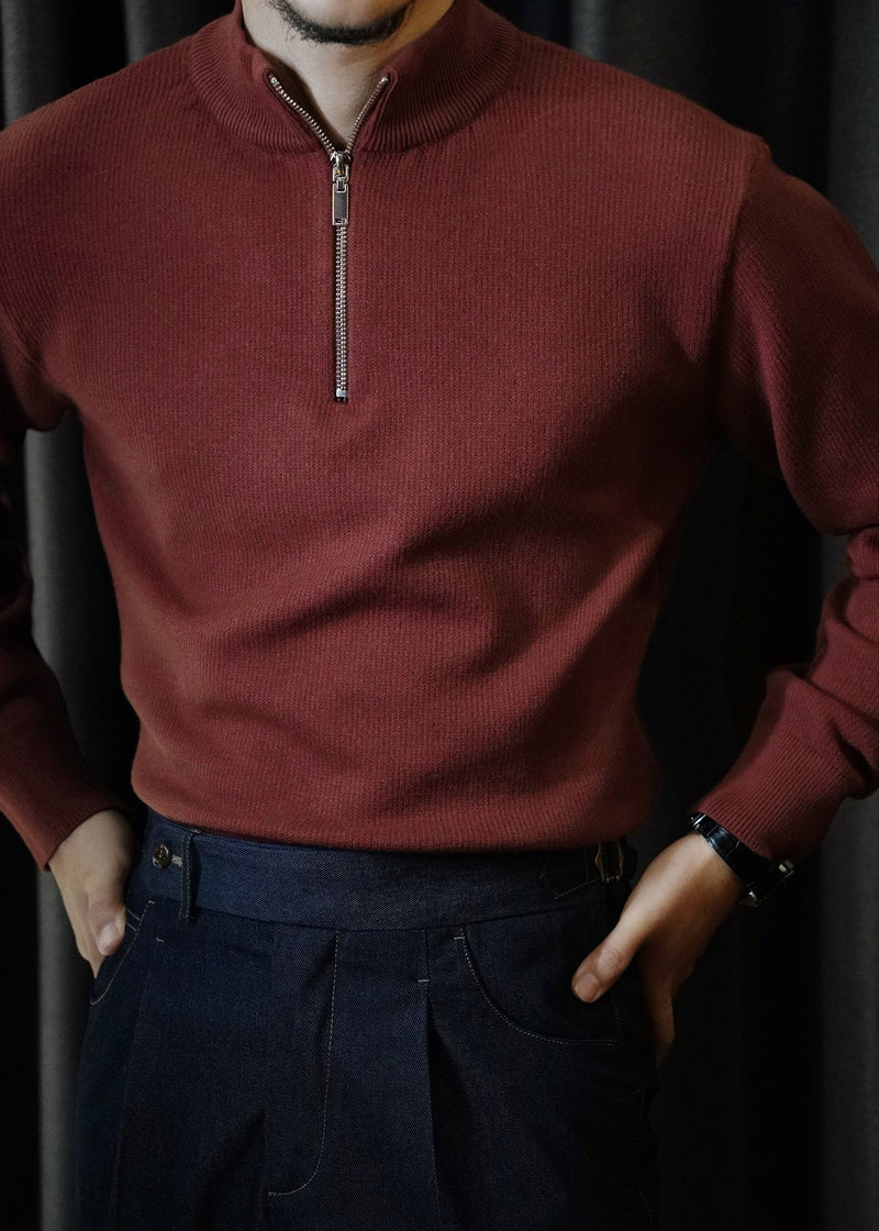 Cool Red Stand Collar Zip Up Knit Sweater Tops Winter