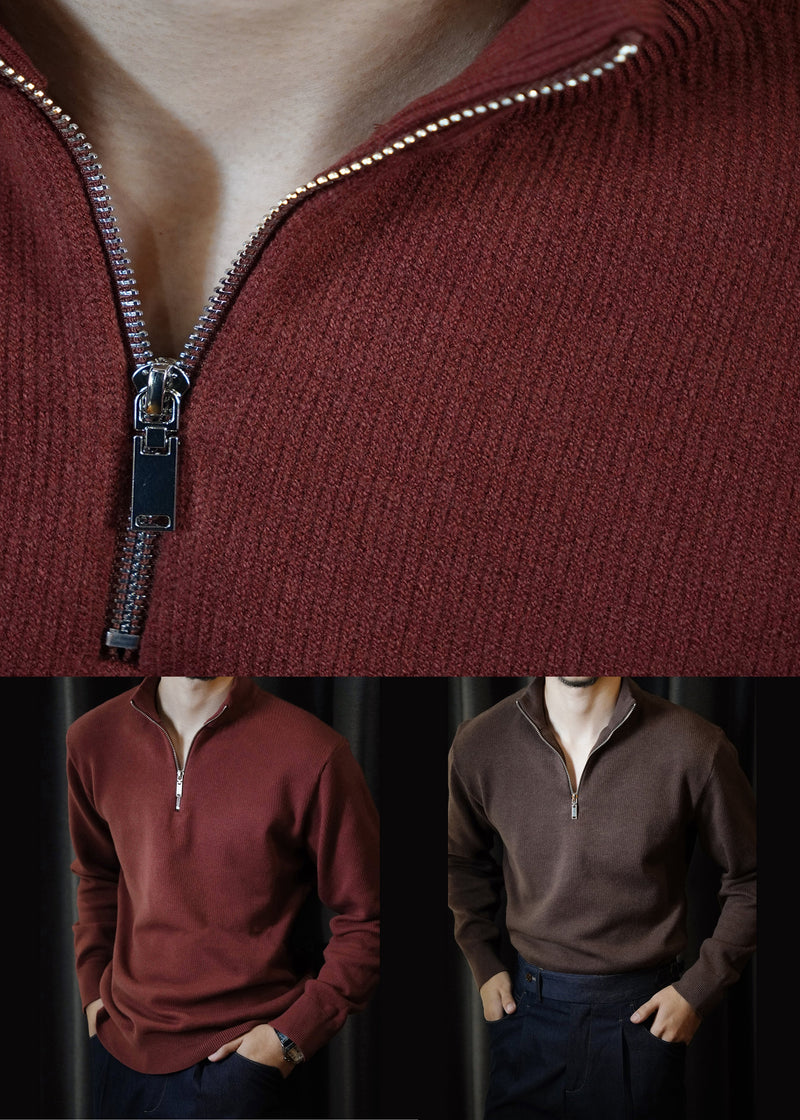 Cool Red Stand Collar Zip Up Knit Sweater Tops Winter