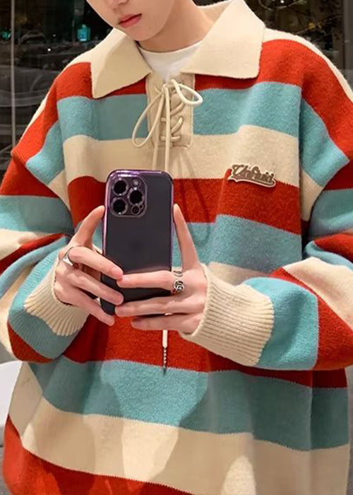 Cool Red Striped Peter Pan Collar Lace Up Knit Sweater Fall