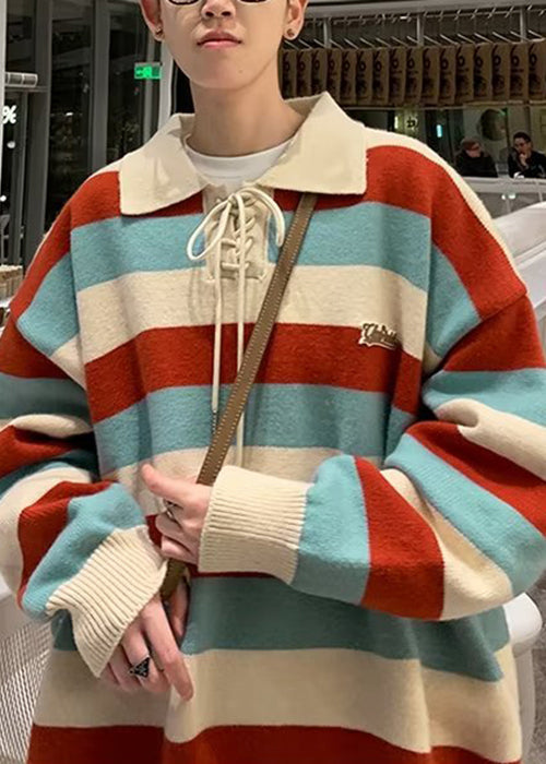 Cool Red Striped Peter Pan Collar Lace Up Knit Sweater Fall