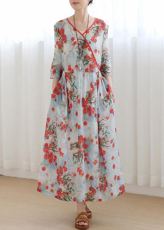 Cotton and Linen Jiangnan Five-point Sleeve High Waist Dress Ramie Printed Long Skirt