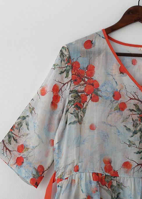 Cotton and Linen Jiangnan Five-point Sleeve High Waist Dress Ramie Printed Long Skirt