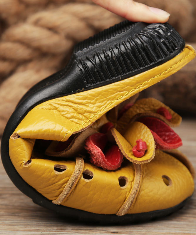 Cowhide Leather Yellow Flat Slide Sandals Splicing Hollow Out
