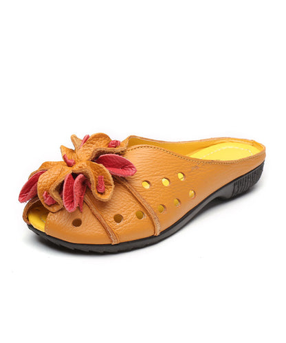 Cowhide Leather Yellow Flat Slide Sandals Splicing Hollow Out