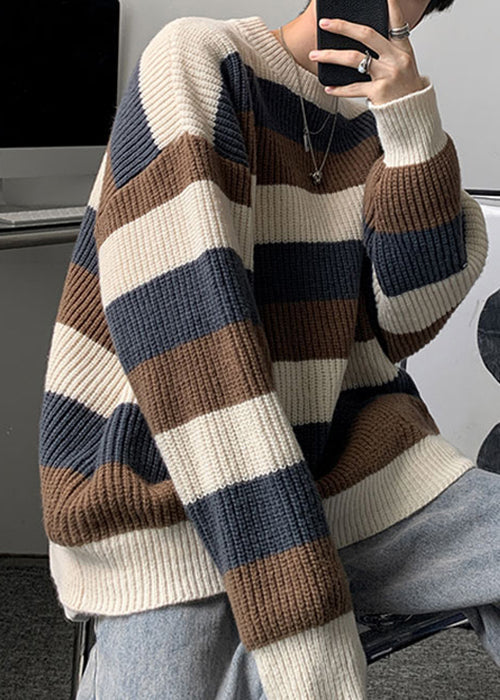 Cozy Green O Neck Striped Knit Sweater Fall