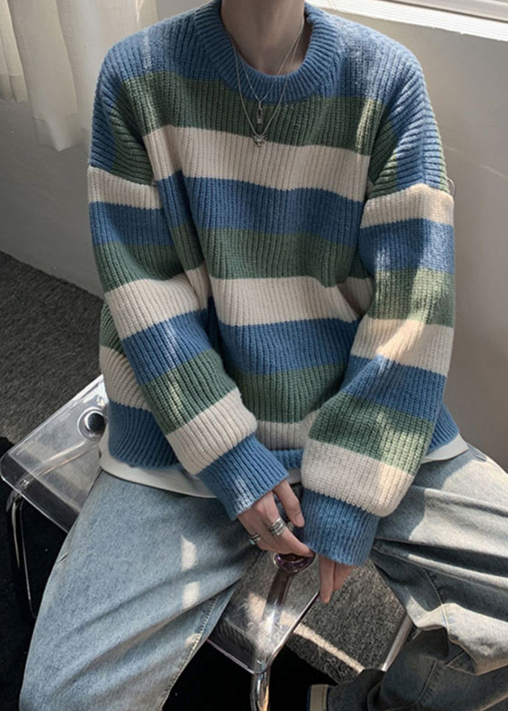 Cozy Green O Neck Striped Knit Sweater Fall