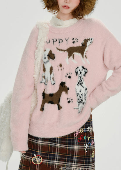 Cozy Pink Puppy Jacquard Knitted Tops Winter