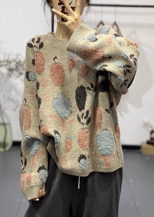 Cozy Khaki O Neck Jacquard Thick Warm Knit Sweaters Winter