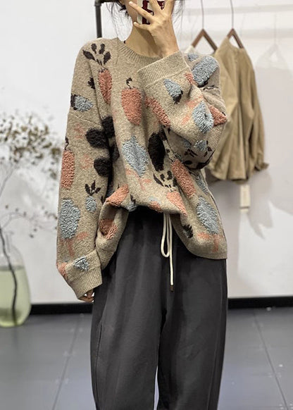 Cozy Khaki O Neck Jacquard Thick Warm Knit Sweaters Winter