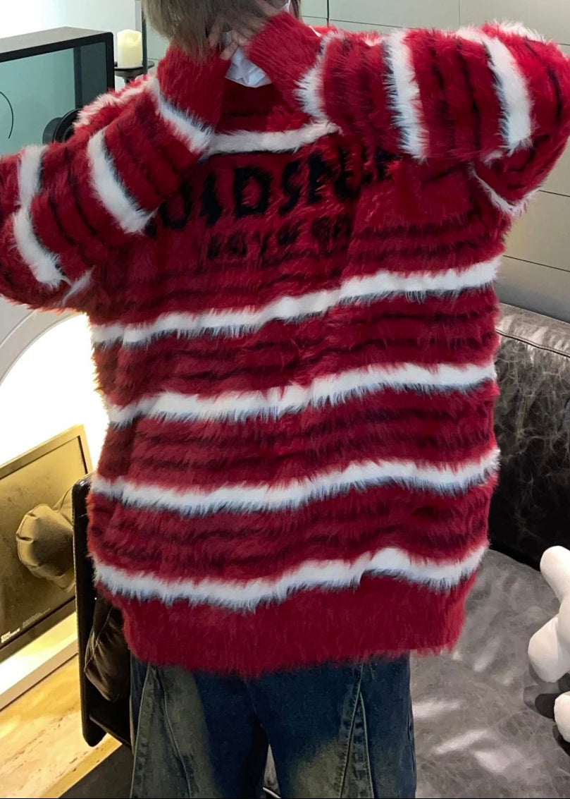 Cozy Red Striped Thick Mink Hair Knitted Sweaters Fall