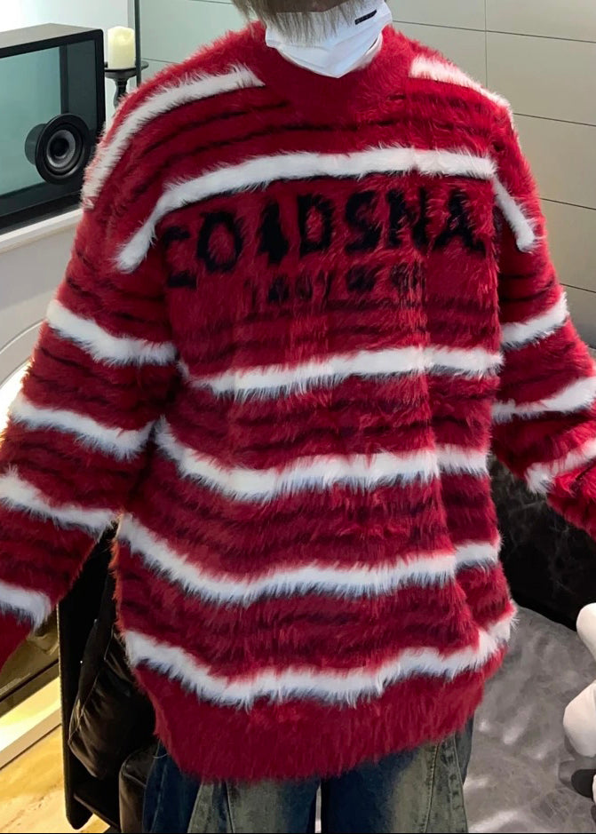 Cozy Red Striped Thick Mink Hair Knitted Sweaters Fall